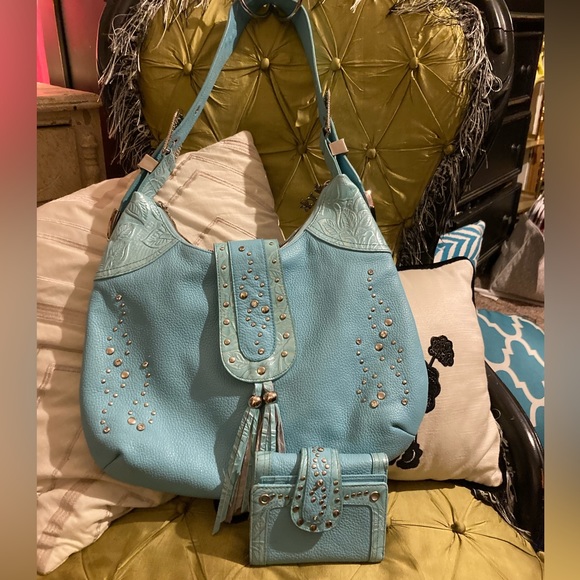 EUC Charm and Luck leather rhinestone studded bag WITH matching wallet 100$ obo - Picture 1 of 8